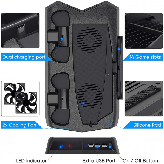  Charging Stand for PS5 with Cooling Fan, Multi-Function Charger Station with 2 Controller Charging Docks